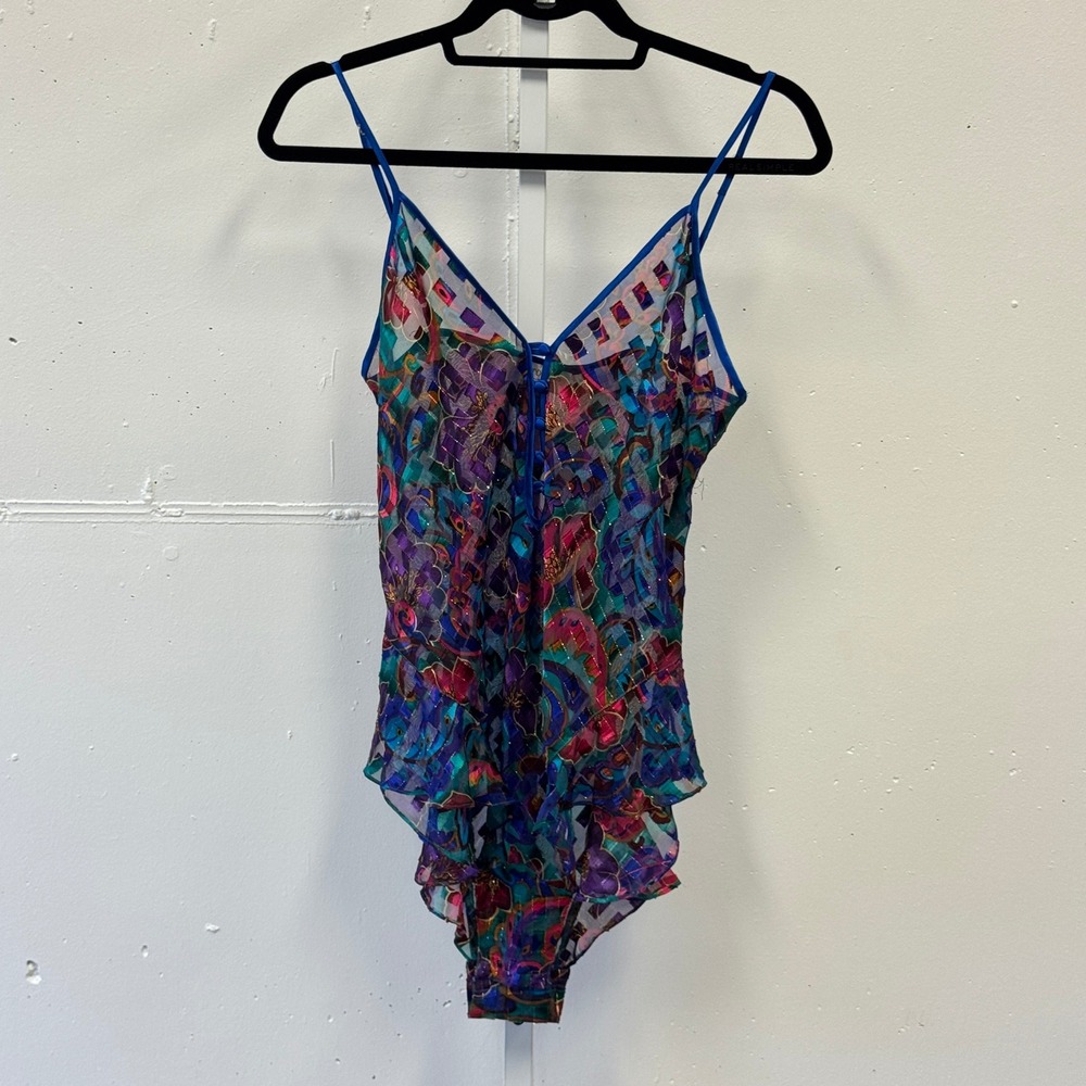 Vintage Victoria's Secret Gold Label Bodysuit Floral Metallic Sheer Blue M 90s